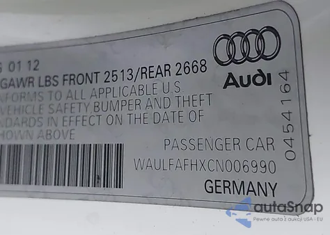 2012 Audi A5 2.0T Premium from USA, damaged, VIN WAULFAFHXCN006990